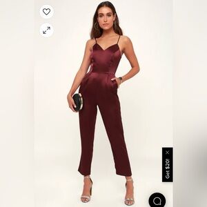 NWT Lulus Touch of Heaven Burgundy Satin Sleeveless Jumpsuit